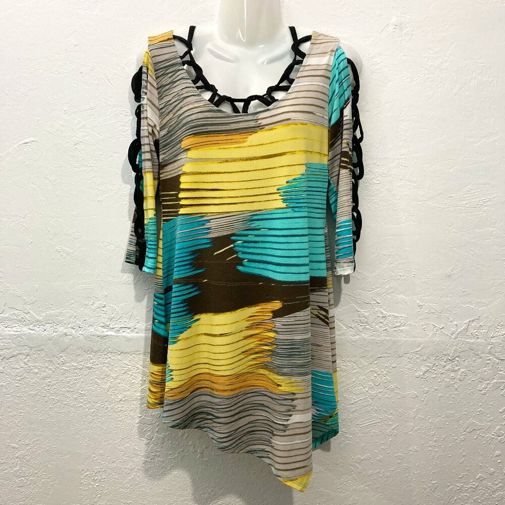 Fashque Studio Top Blouse Stretch Pullover Abstract Multi Asymmetrical S USA